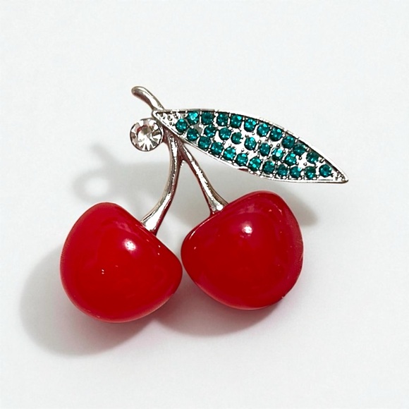 Red Cherry with Green Crystal Leaf Silver Tone Brooch - Picture 1 of 5
